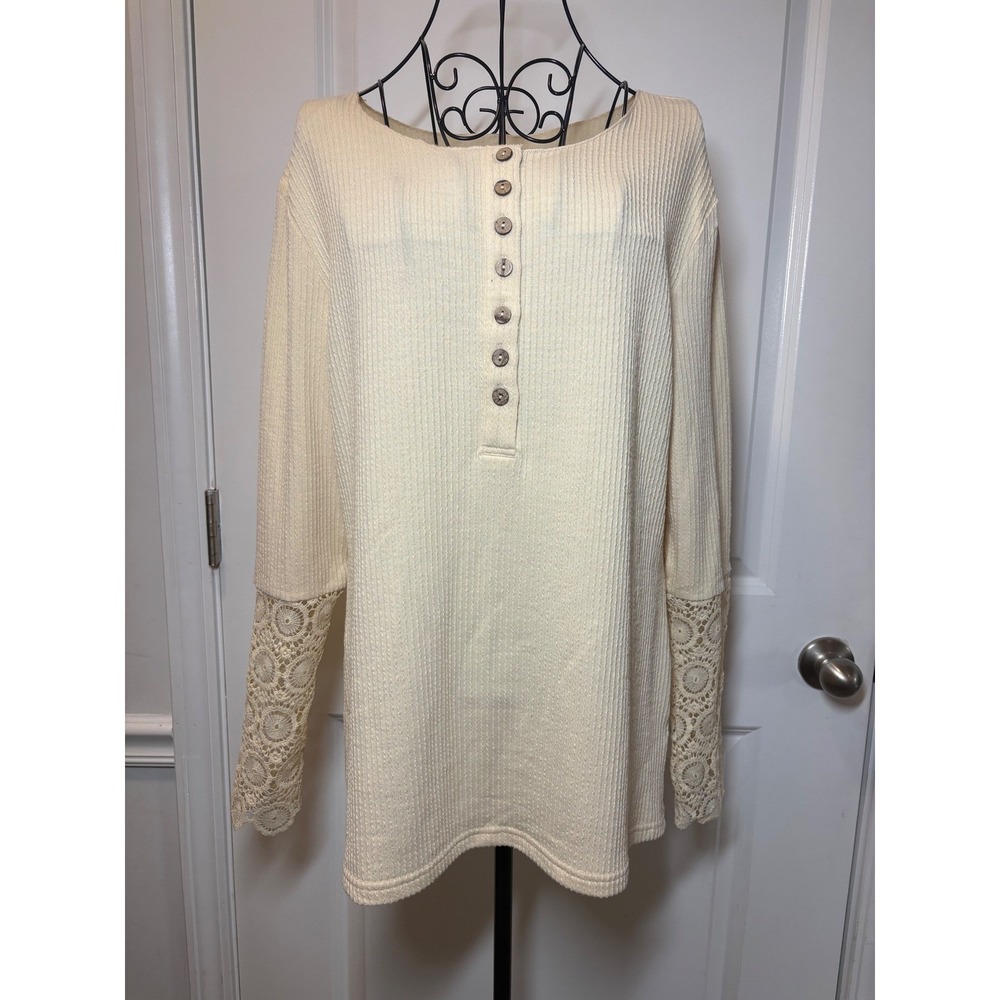 Bibi Cream Thermal Henley Top Crochet Lace Long Sleeve Ivory Waffle Knit Large